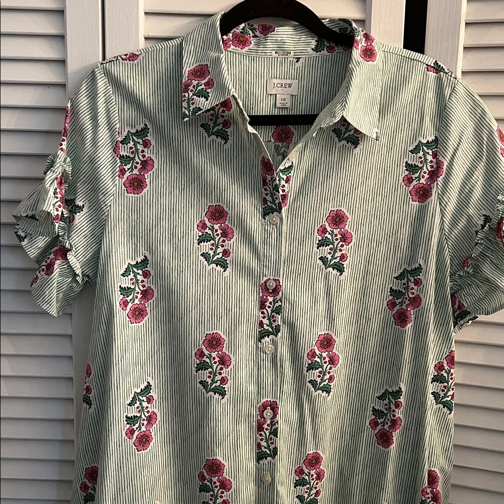 J. Crew Mint Green Striped Shirt with Pink Floral Print - Picture 2 of 7